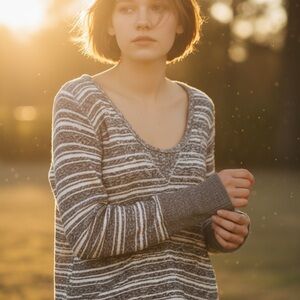 C&C California Hooded Stripe Knit Sweater | Gray Lightweight Pullover - Small